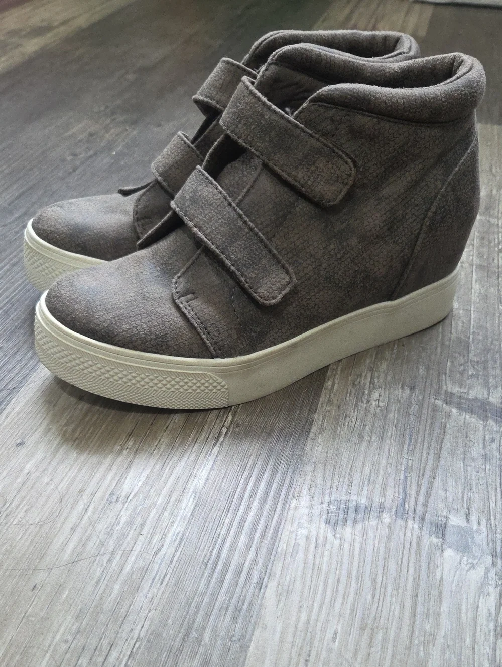 Wedge Sneaker with Double Velcro Straps - Taupe